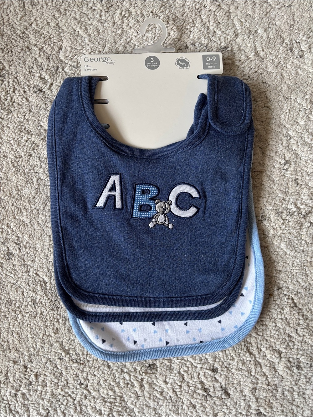 George Set Of 3 Baby Bibs in Navy and Light Blue ABC Embroidered NWT